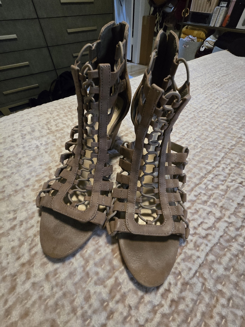 Vince Camuto Taupe Suede Lace-Up Gladiator Heels